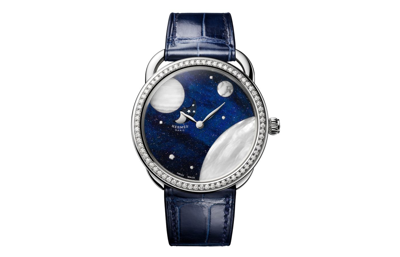 Hermès Arceau Petite Lune in white gold, aventurine, mother-of-pearl, aragonite, opal and diamond