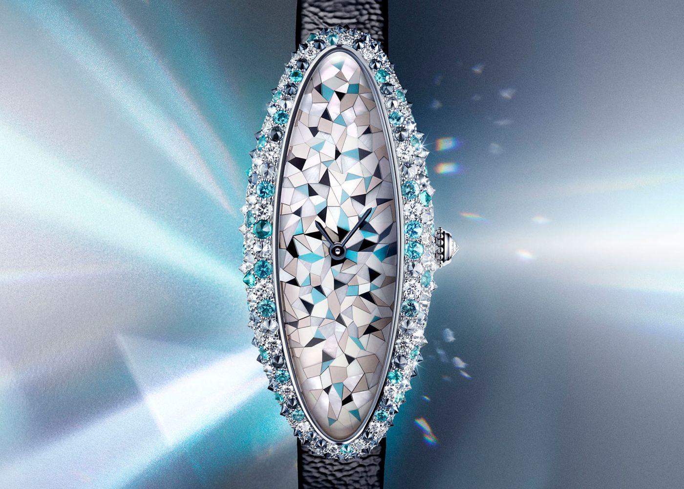 Métiers d’Art Baignoire Allongée watch in rhodium-finish white gold, blue tourmalines, grey and black spinels, mother-of-pear l, turquoise, onyx and diamond