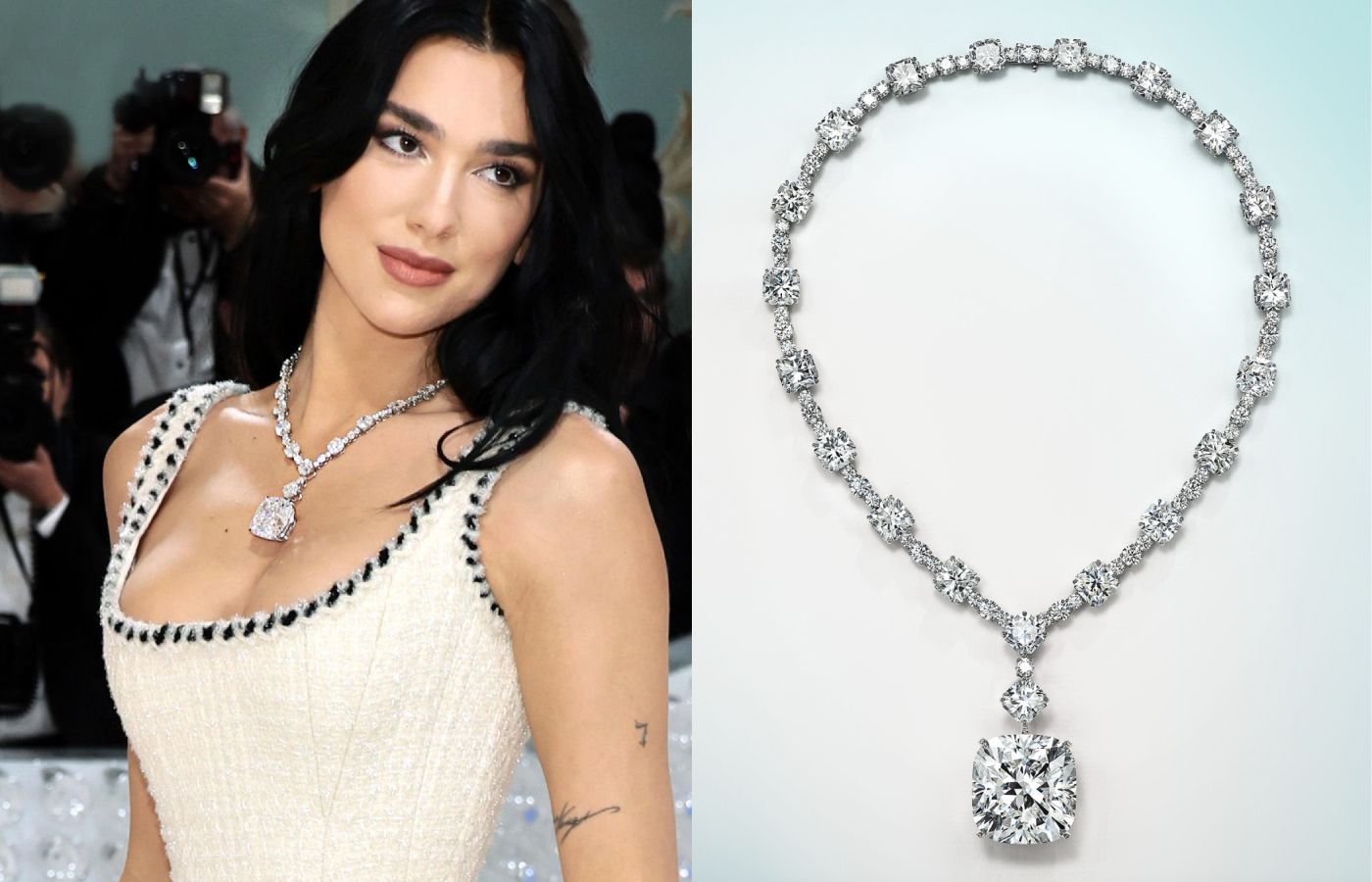MET Gala attendee Dua Lipa wearing a white gold and diamond necklace by Tiffany & Co. featuring 200-cts of diamonds 