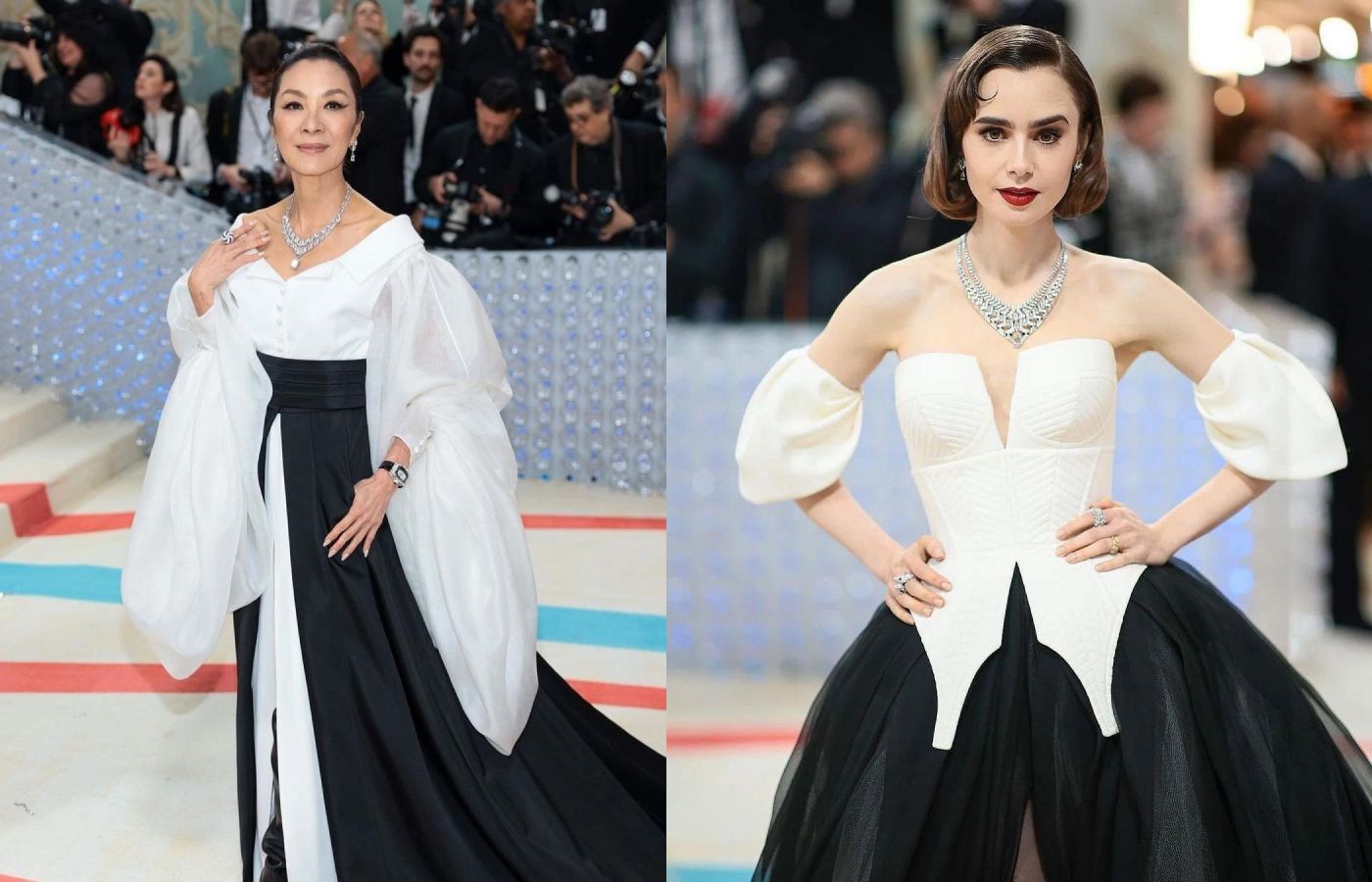 MET Gala attendees Michelle Yeoh & Lily Collins in diamond High Jewellery necklaces by Cartier 
