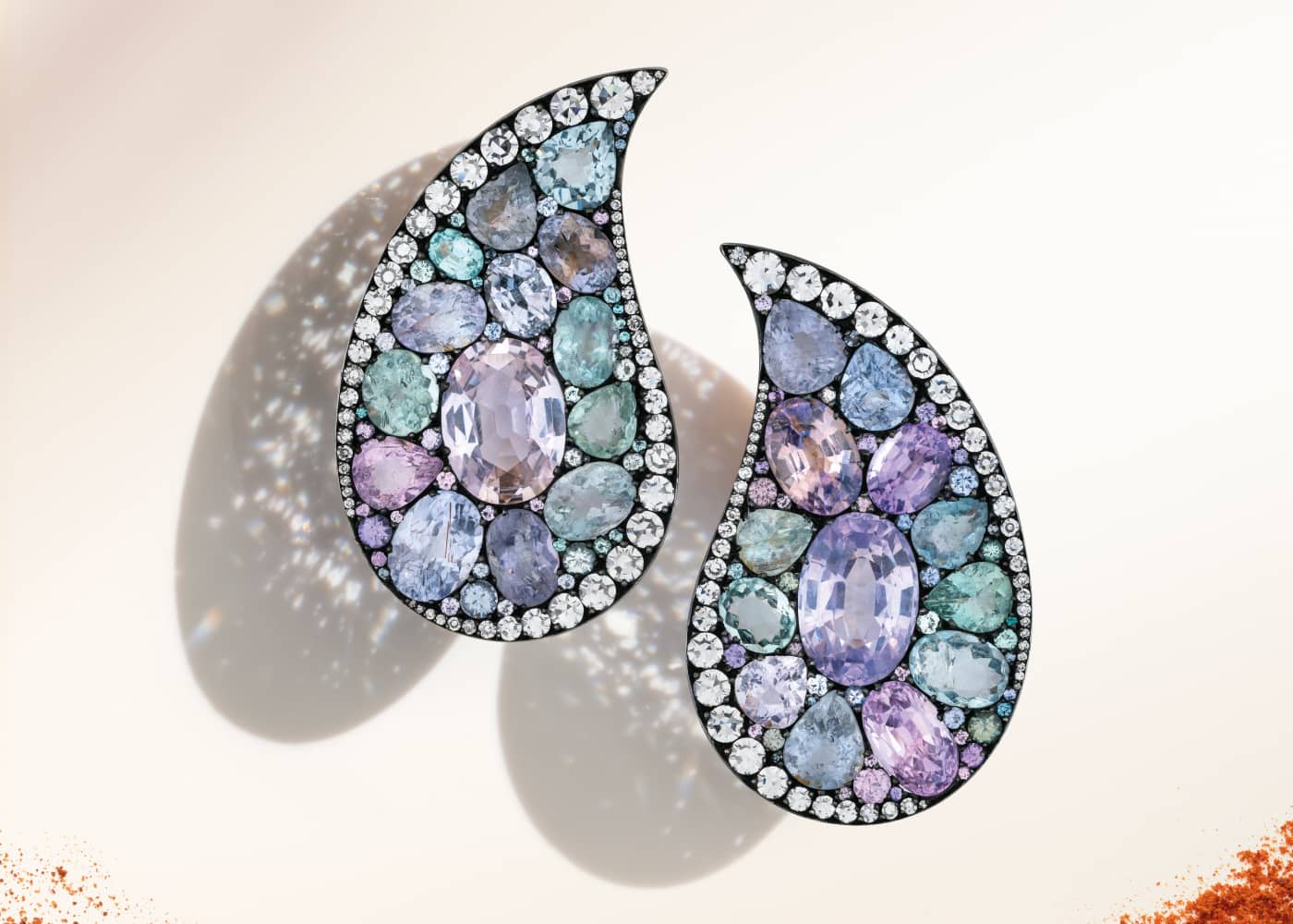 JAR coloured sapphire and diamond ‘paisley’ earrings in blackened silver and 18k yellow gold, due to be sold at the Christie’s Magnificent Jewels auction on 17 May 2023