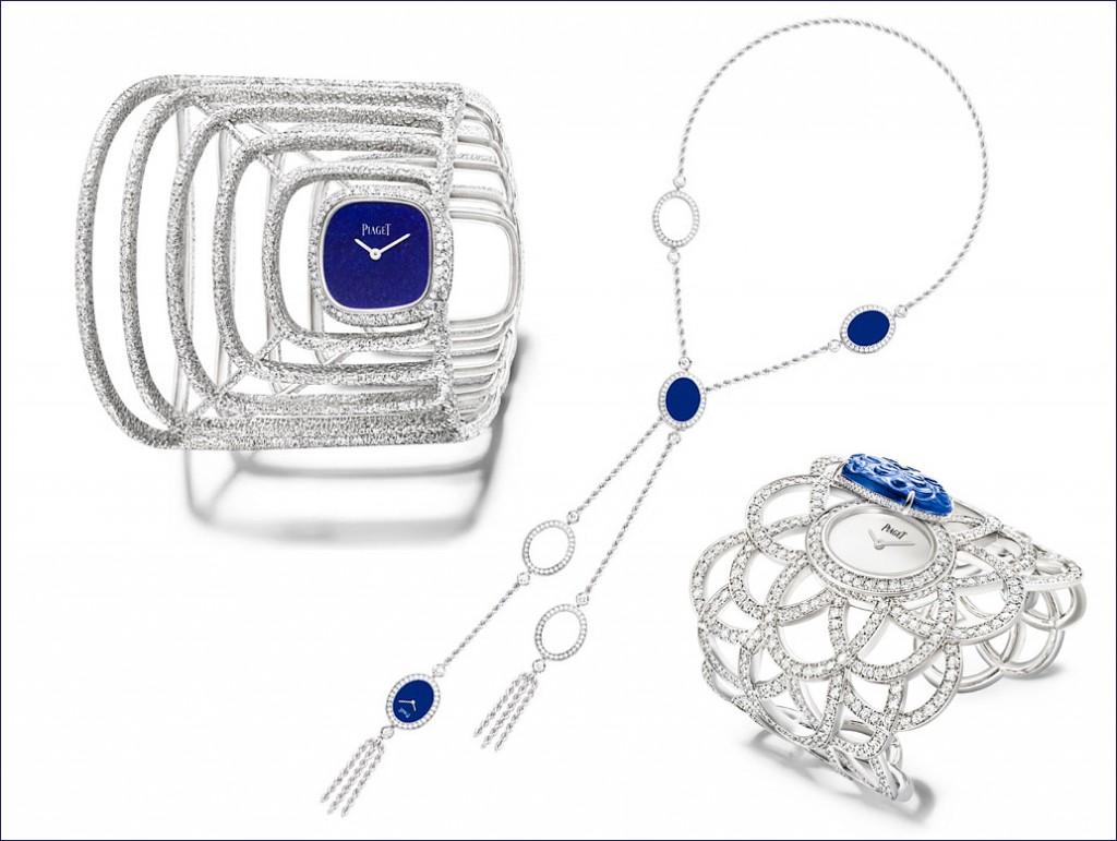 Extremely Piaget - Sautoir watch twisted gold mesh in 18K white gold set with brilliant cut diamonds, natural lapis lazuli elements and dial