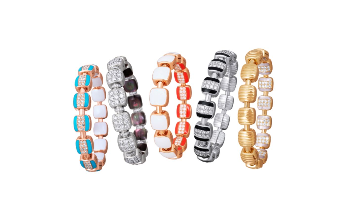PICCHIOTTI REVERSIBLE XPANDABLE™ bracelets in gold, turquoise, white ceramic, onyx, grey mother-of-pearl and diamond