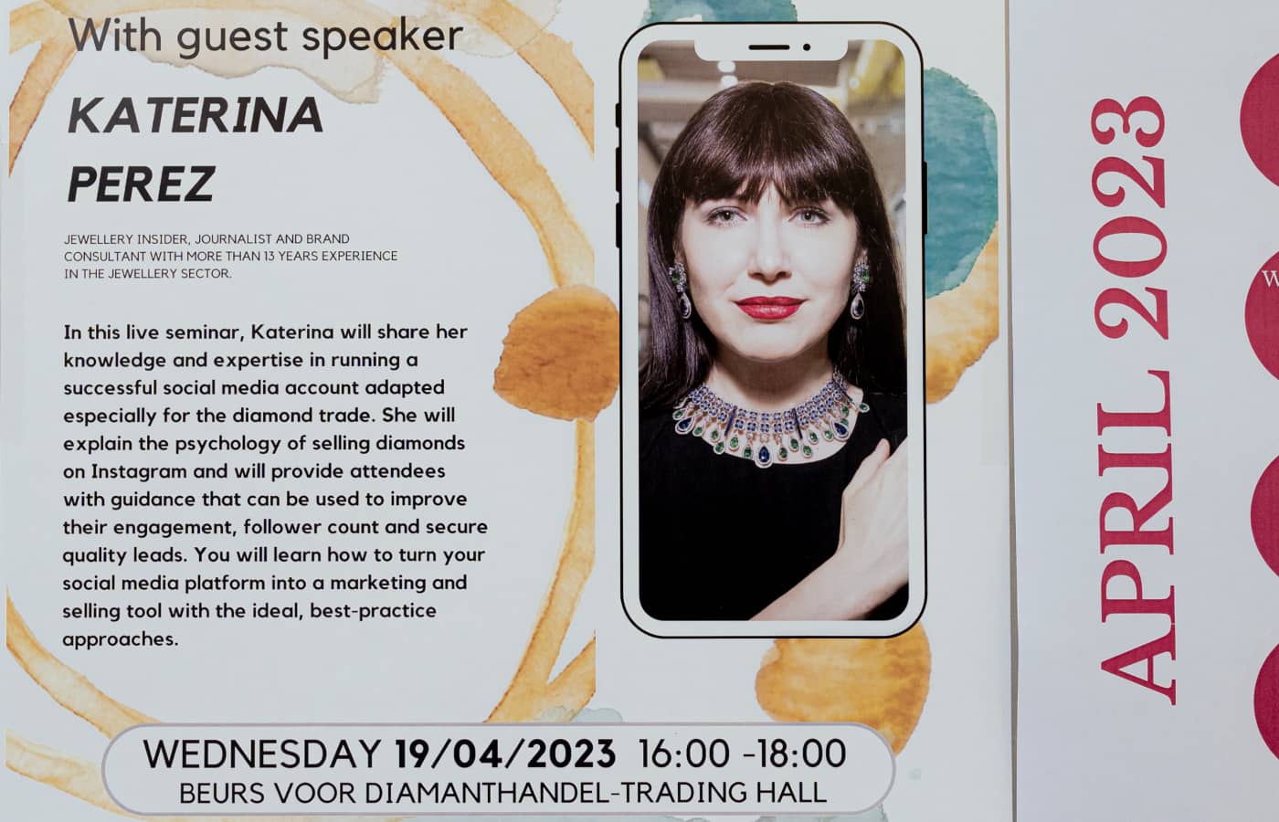 An advert for Katerina Perez's social media talk at the Antwerp Diamond Bourse in April 2023