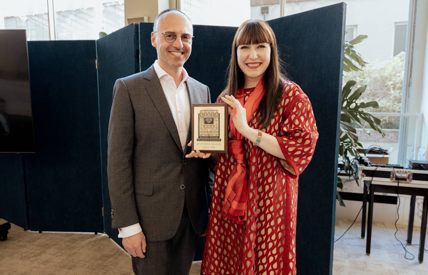 Katerina Perez with David Gotlib, the Chairman of the Antwerp Diamond Bourse