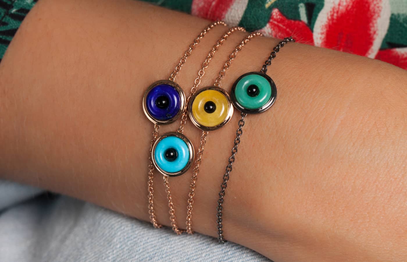 Lily Gabriela Evil Eye bracelets in gold, lapis lazuli, turquoise and jade 