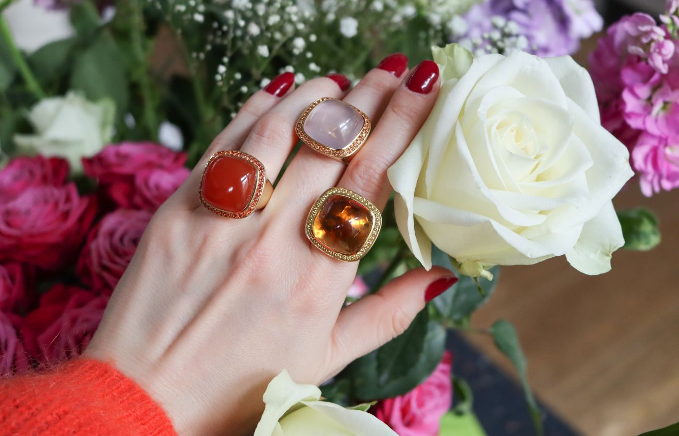 Katerina Perez models a trio of Magic Wish cocktail rings by Charlotte Reedtz Jewellery