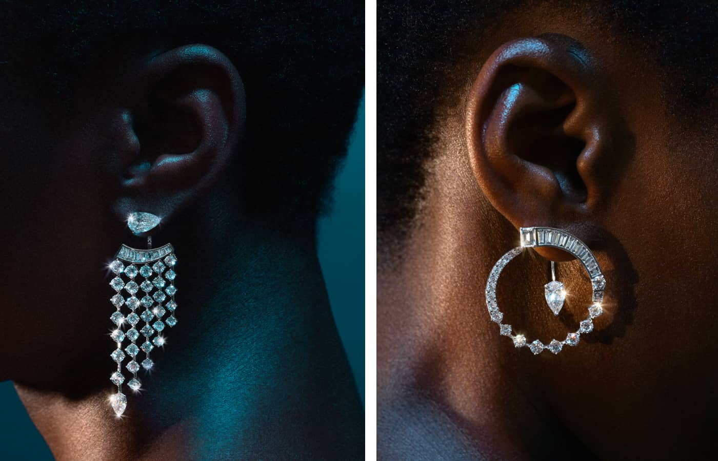 Two pairs of earrings with pear-, round brilliant- and baguette-cut diamonds in the Inner Fire High Jewellery capsule collection by Bucherer Fine Jewellery