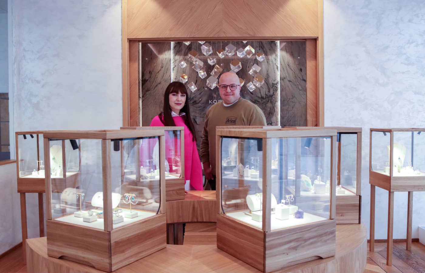 Katerina Perez with Luboš Korbička, the founder and designer behind Korbička Šperky, at his boutique in Brno, Czech Republic