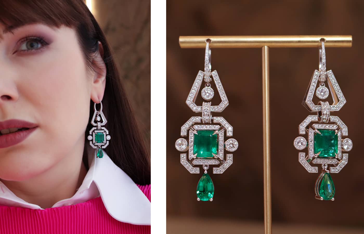 Katerina wears a pair of diamond and emerald Art Deco-inspired earrings by Korbička Šperky
