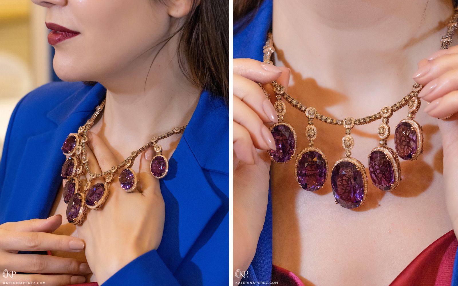 Katerina Perez wearing the Le Vian Chocolatier necklace in Strawberry Gold, features 192 carats of grape amethysts, 30 carats of chocolate diamonds and three carats of 'vanilla diamonds'