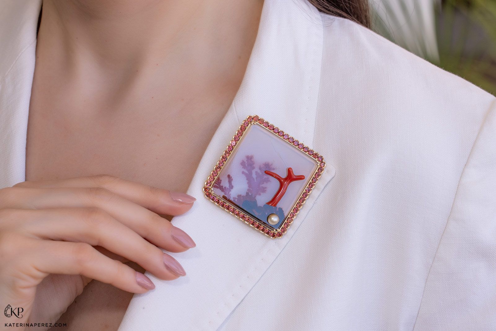 Katerina Perez wears an Assael NatureScapes brooch. Photo by Simon Martner