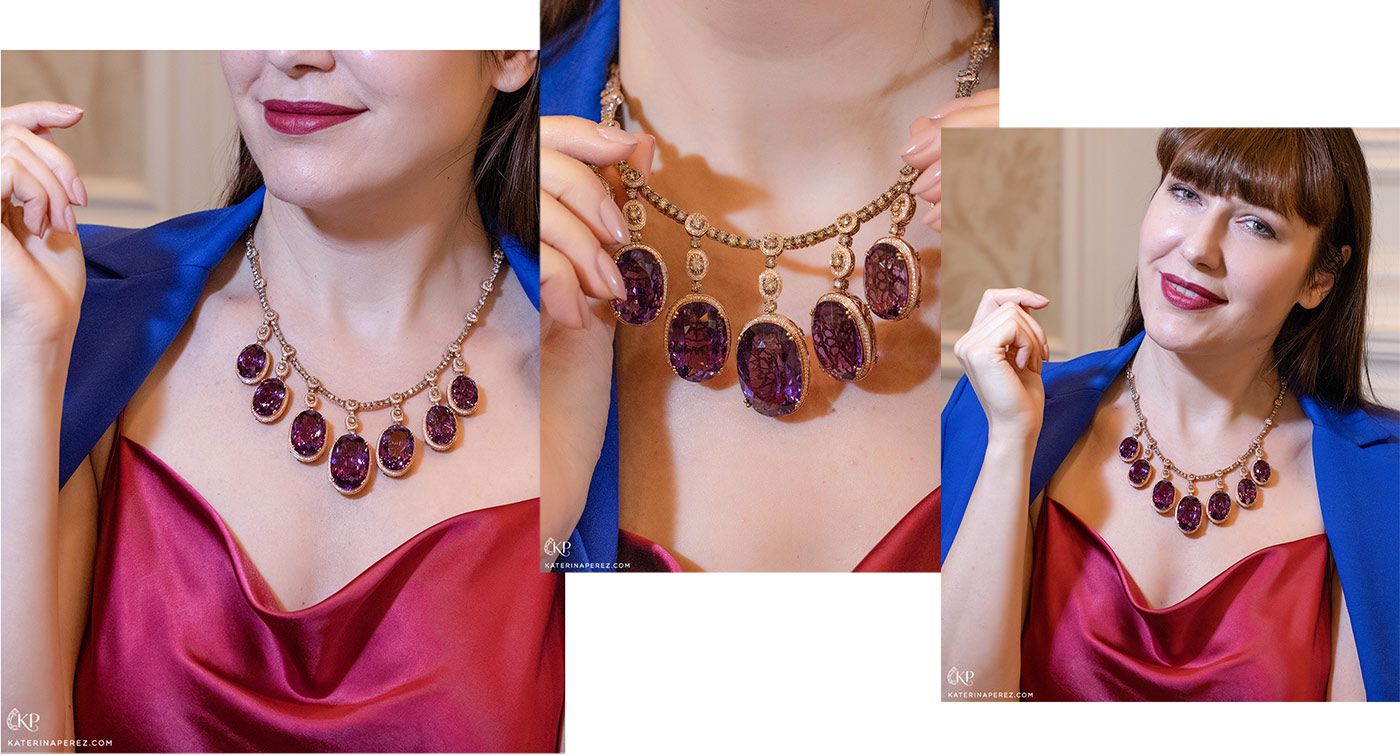 Katerina Perez wearing the Le Vian Chocolatier necklace in Strawberry Gold, featuring 192-cts of Grape Amethysts, 30-cts of Chocolate Diamonds and Vanilla Diamonds