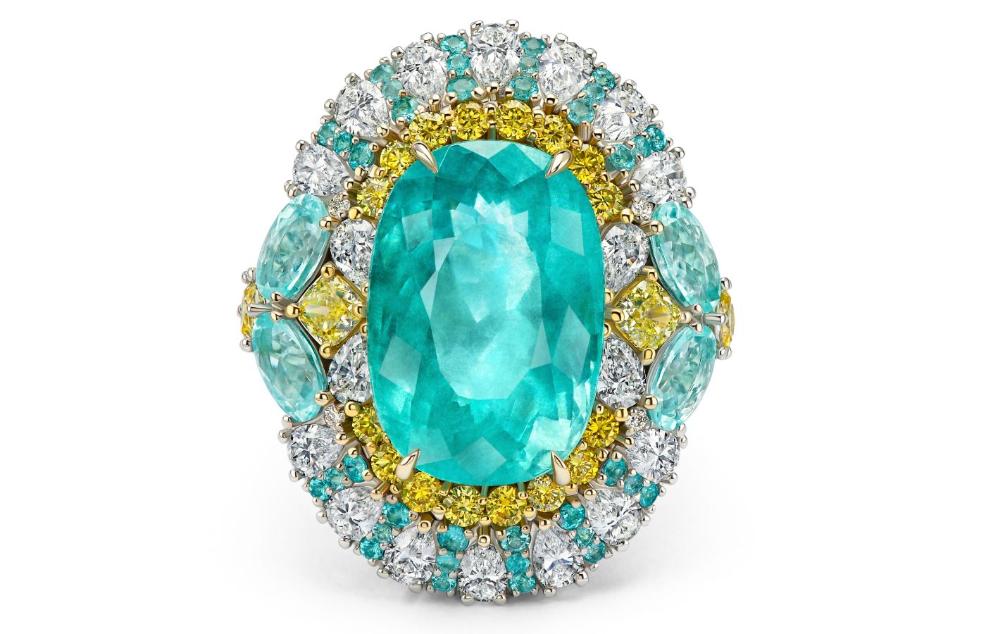 Parure Atelier High Jewellery ring in enamel, featuring a 12.94-ct Paraiba tourmaline, fancy yellow diamonds, Paraiba tourmalines and diamonds 