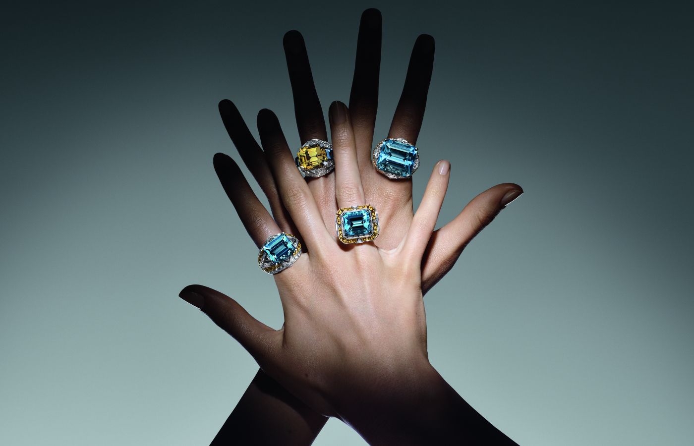 Model wearing a series of High Jewellery rings from the Louis Vuitton Deep Time High Jewellery Collection