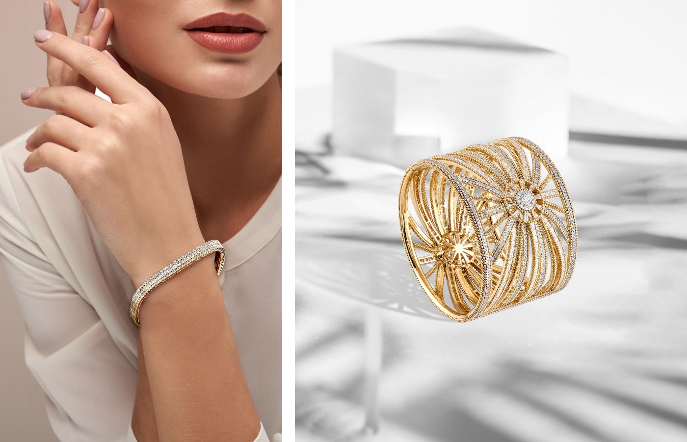 Pieces from the Harakh Sunlight collection crafted in 18k yellow gold and set with diamonds