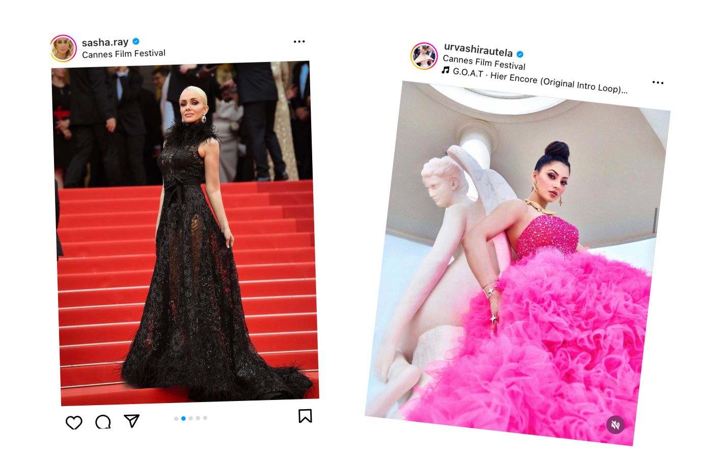 Ukranian singer Sasha Ray in sapphire and diamond earrings by TOi and Indian actress Urvashi Rautela in a ring and arm cuff by TOi, both at the Cannes Film Festival 2023