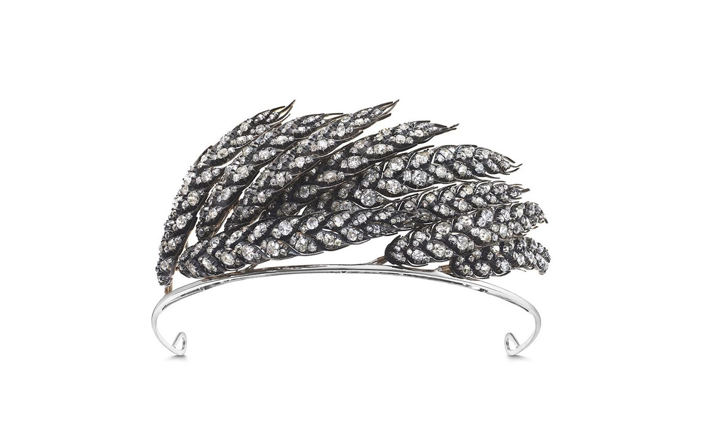 Chaumet Wheat-Ear Tiara is composed of nine ears of wheat set with 66-cts of old-cut diamonds set in gold and silver was created for Empress Josephine in 1811