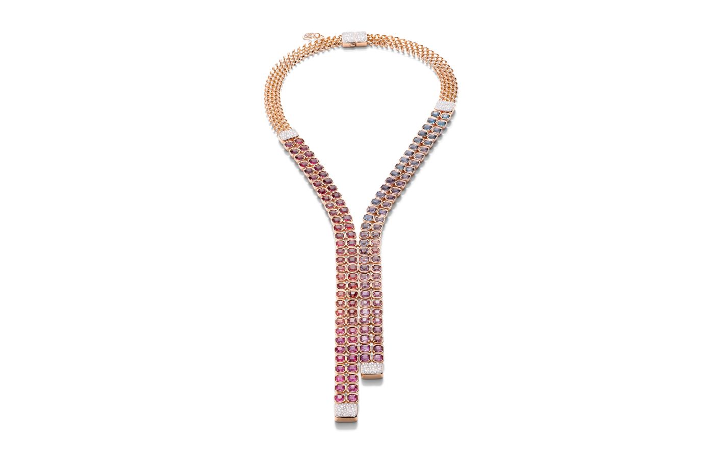 Pomellato Skyline necklace in rose gold, 128 spinels and diamonds from the Ode to Milan High Jewellery collection