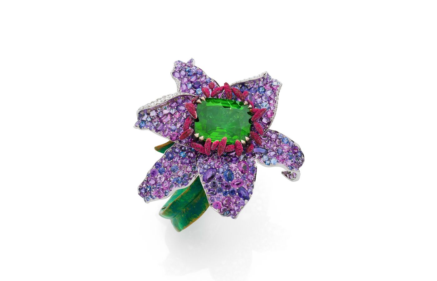 Anna Hu Enchanted Lily Bangle in Peridot in rose gold, green enamel, purple-red enamel, rock crystal, purple sapphires, diamonds and a 53.92-ct peridot