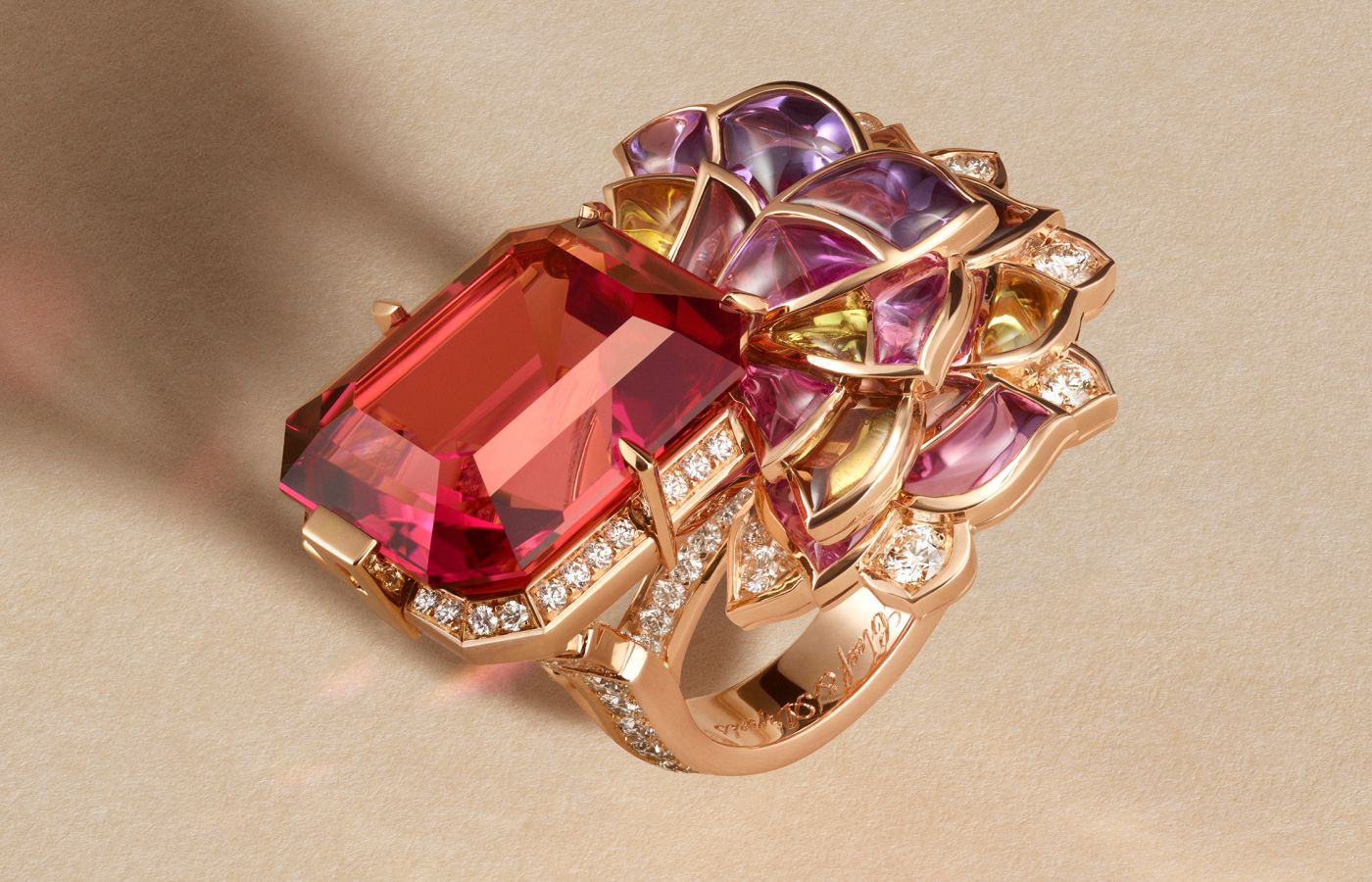 Van Cleef & Arpels Jardin de La Rose ring in rose gold, a 23.67-ct emerald-cut rubellite, coloured sapphires and diamonds from Le Grand Tour High Jewellery collection