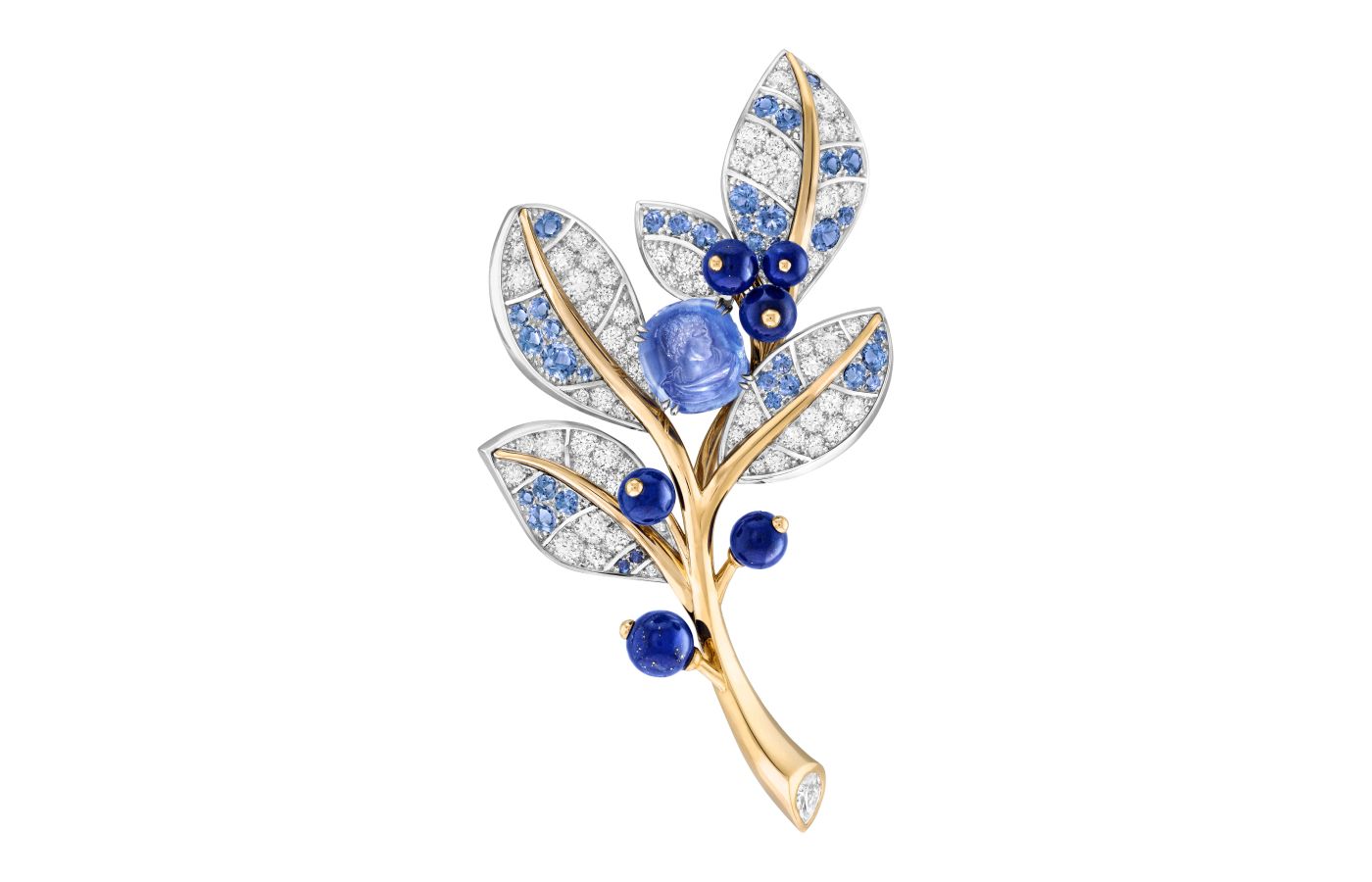 Van Cleep & Arpels Laurier Impérial clip in gold, white gold, a 4.90-ct carved cushion-cut sapphire, sapphires, lapis lazuli and diamonds from Le Grand Tour High Jewellery collection