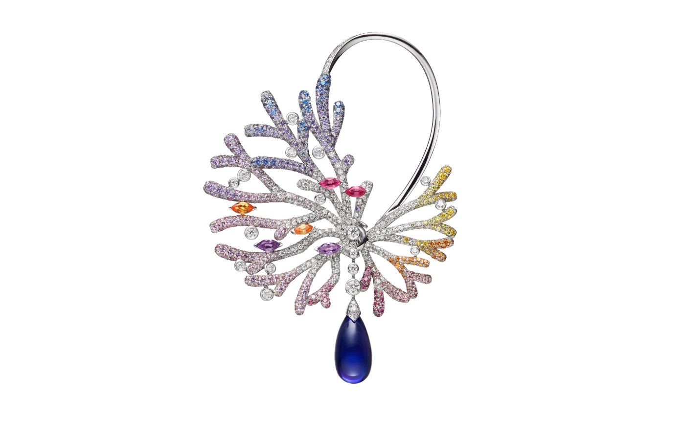 Mikimoto Sea Anemone high jewellery earring in white gold, tanzanite, sapphire, garnet, spinel and diamond from the Praise to the Sea collection