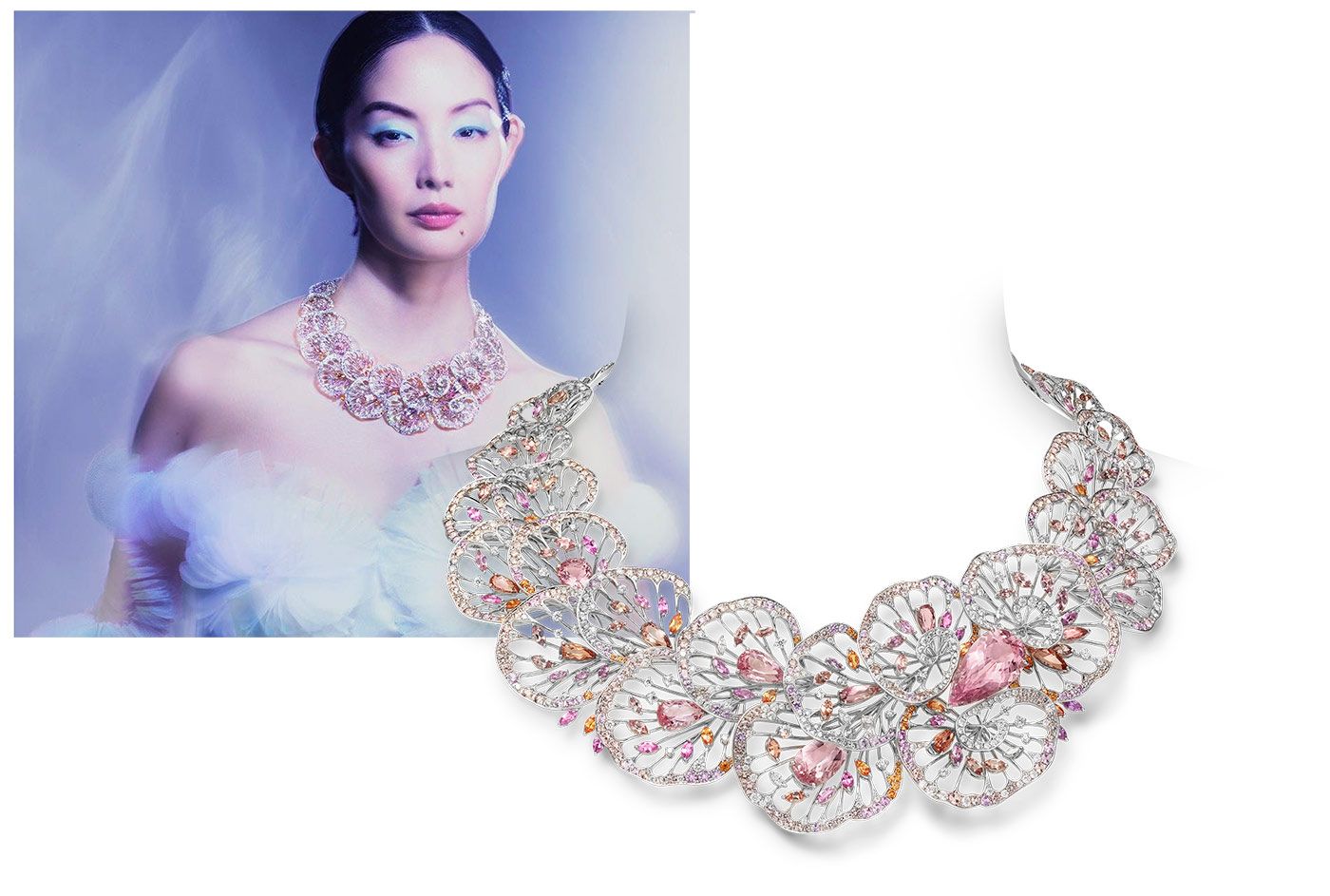 Mikimoto Coral high jewellery necklace in white gold, morganite, topaz, garnet, sapphire and diamond from the Praise to the Sea collection
