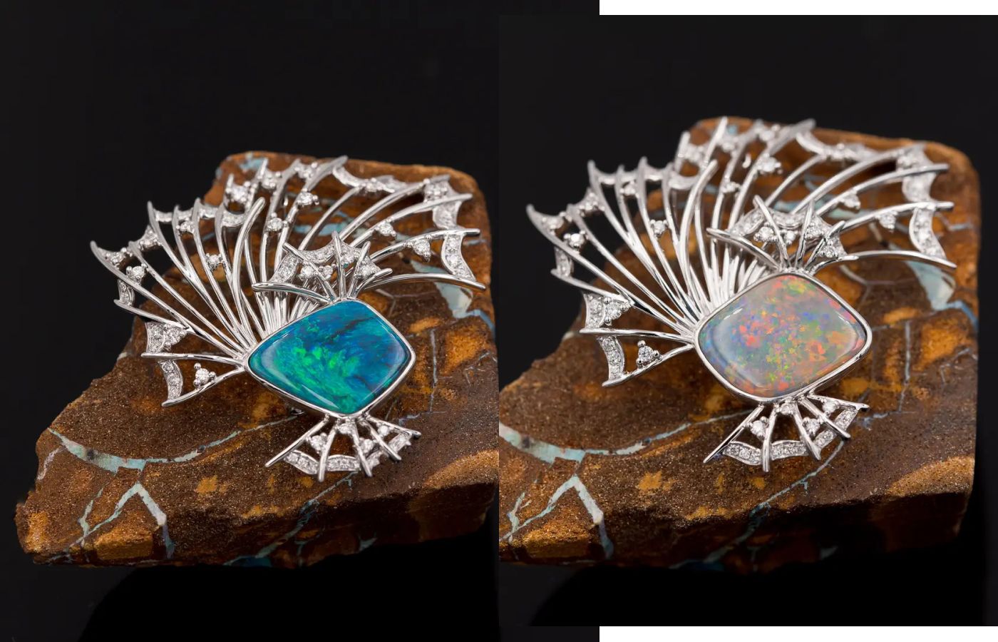 Cindy Xu Blue Fighting Fish brooch (left) and a second Fighting Fish brooch, both with black opal and diamonds in 18k gold 