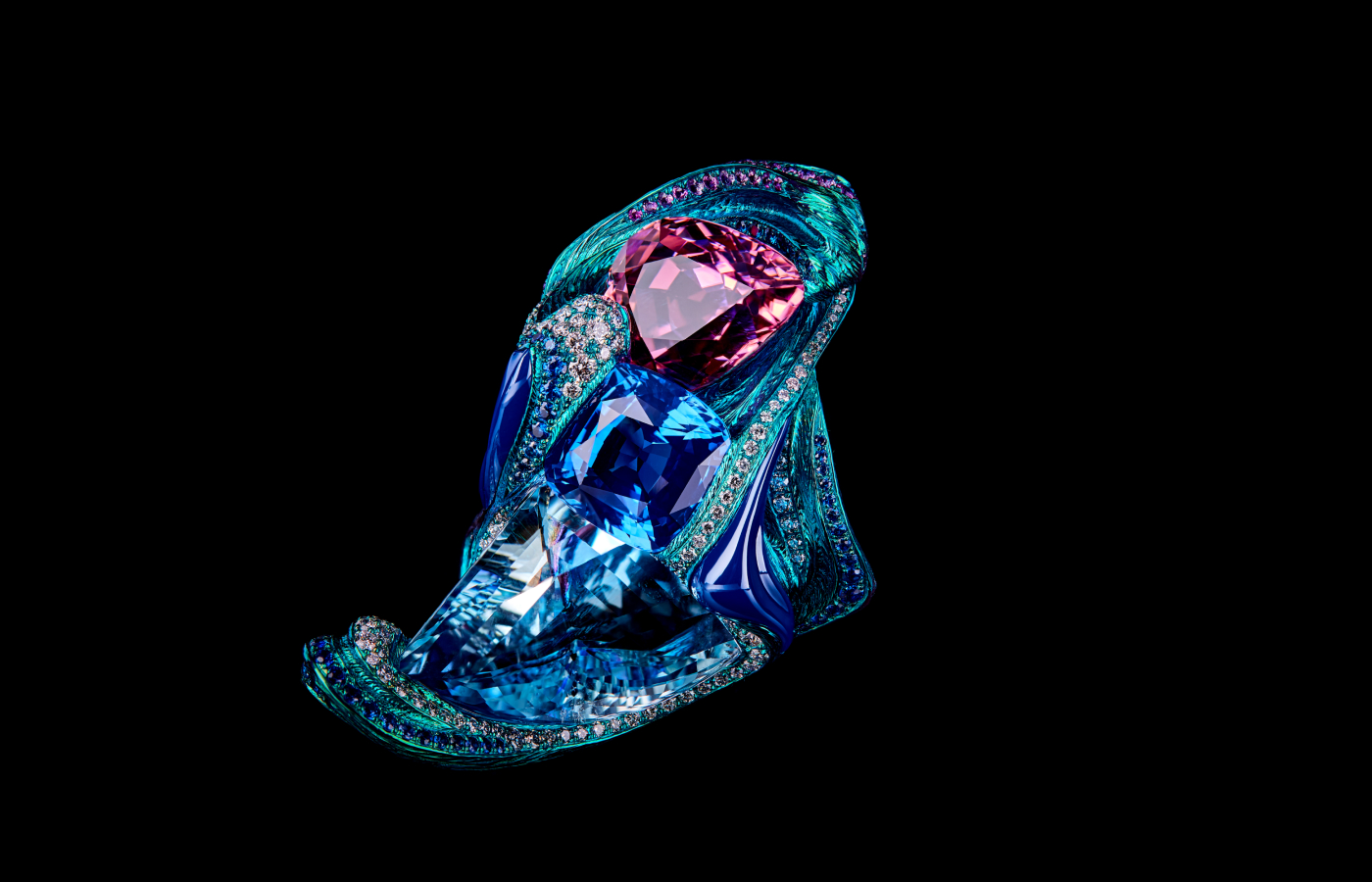 Wallace Chan Microscopic ring with sapphire, aquamarine, pink tourmaline, diamonds, and pink sapphire in The Wallace Chan Porcelain and titanium