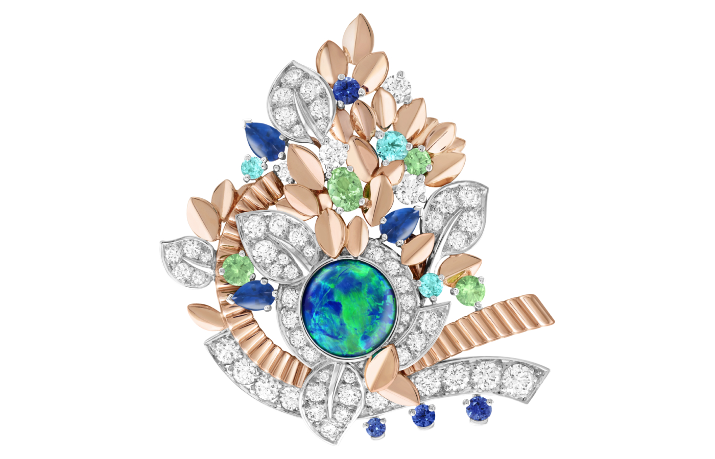 Van Cleef & Arpels Symphonie de l’eau clip in white gold, rose gold, featuring a 5.88-ct cabochon black opal, sapphires, tsavorite garnets, green tourmalines and diamonds from Le Grand Tour collection