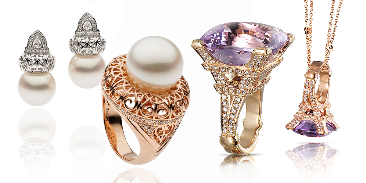 From left to right: ring and earrings by Autore from the Metropolitan collection, Madame Eiffel ring by Pasquale Bruni