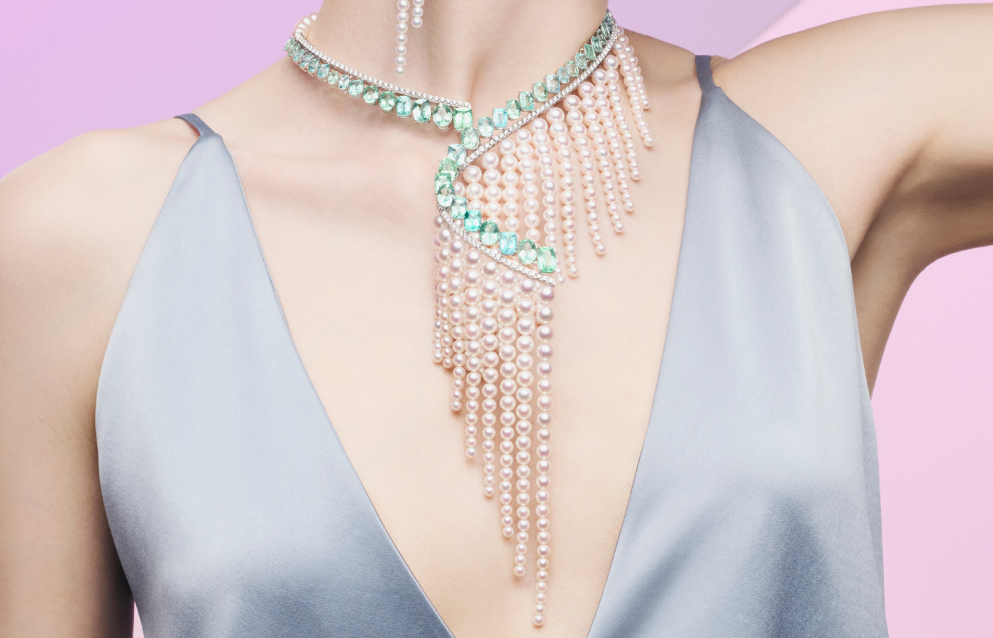 Tasaki Cascade necklace with 44 Paraiba tourmalines for a total weight of 50.08-carats, plus 5-carats of round brilliant-cut diamonds and graduating lines of Akoya pearls, from the Atelier 6 Nature Spectacle High Jewellery collection