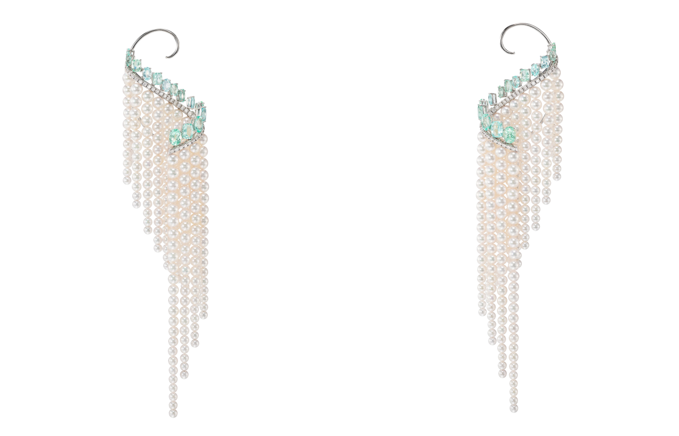 Tasaki Cascade earrings with Paraiba tourmalines, round brilliant-cut diamonds, and graduating lines of Akoya pearls, from the Atelier 6 Nature Spectacle High Jewellery collection