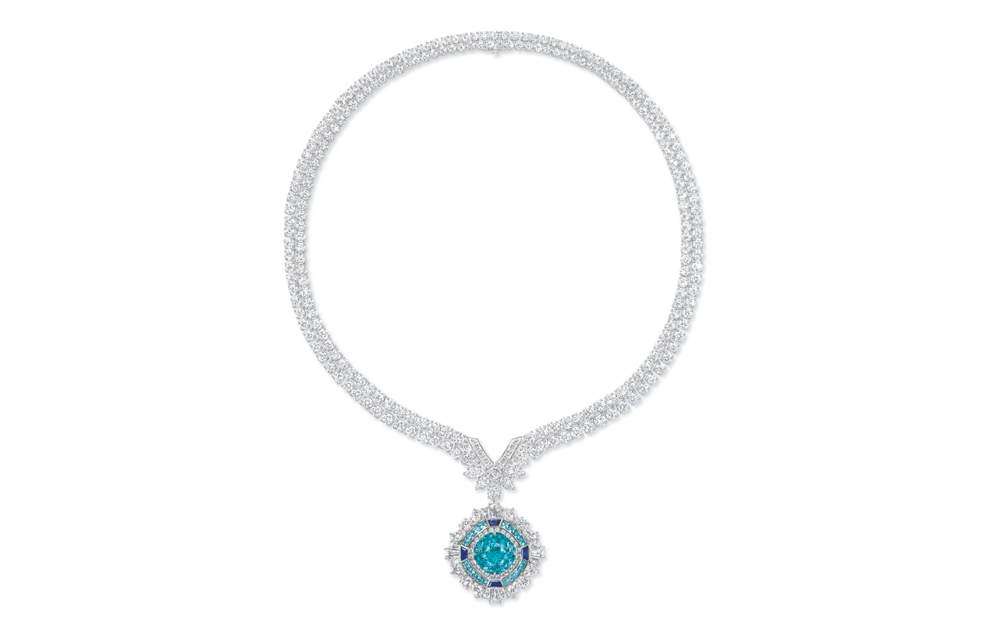 Harry Winston The Idol necklace in white gold, paraiba tourmaline, sapphire and diamond from the Royal Adornments collection