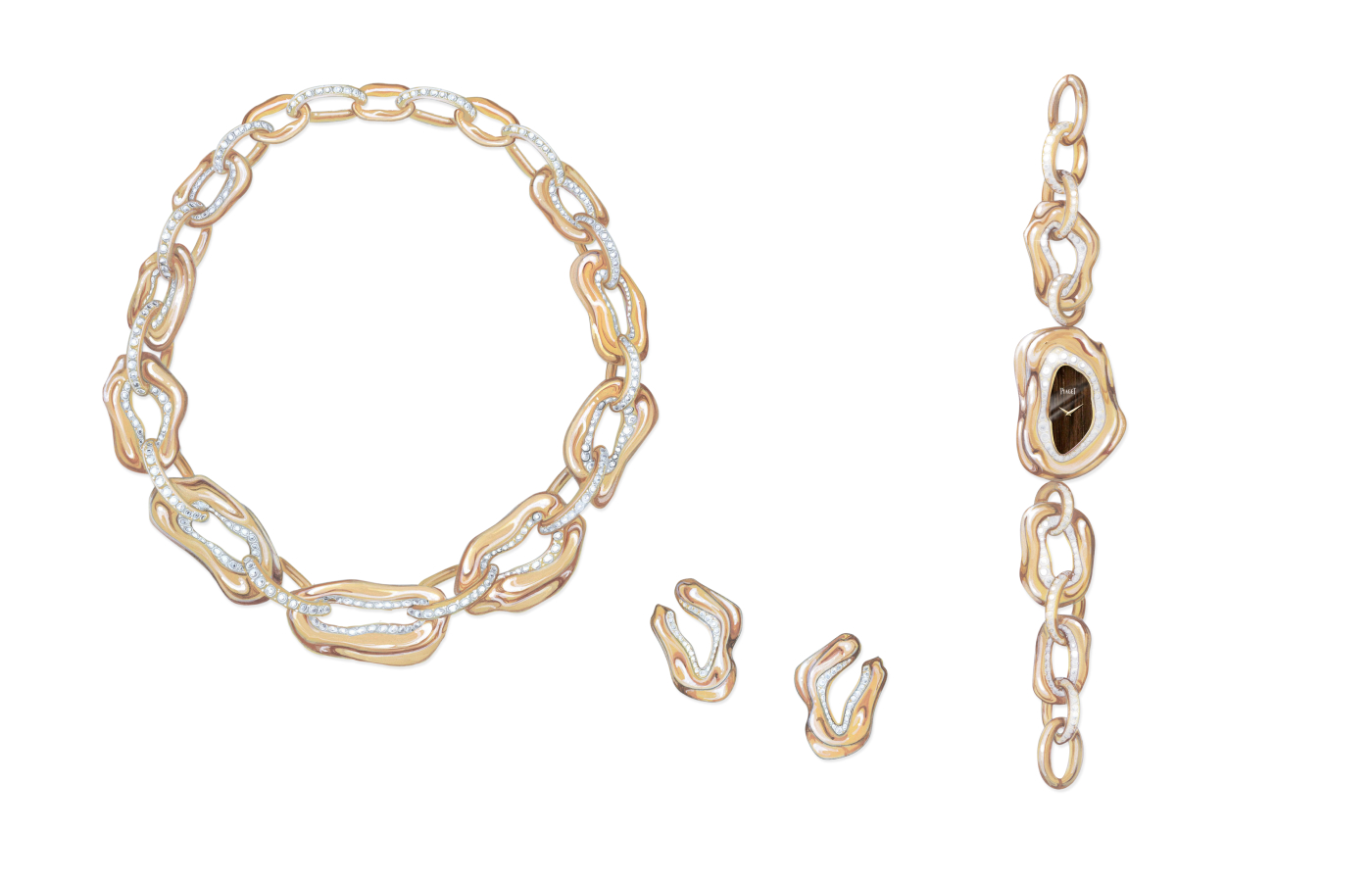 Piaget Metaphoria Essentia suite, including a necklace, a pair of earrings and a watch with organic-shaped chain links in 18k yellow gold, diamonds and tiger’s eye