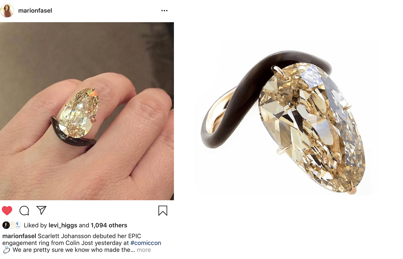 Author Marion Fasel highlights a ring by Taffin designer James de Givenchy, which is similar to a light brown diamond engagement ring worn by Hollywood actress Scarlett Johansson