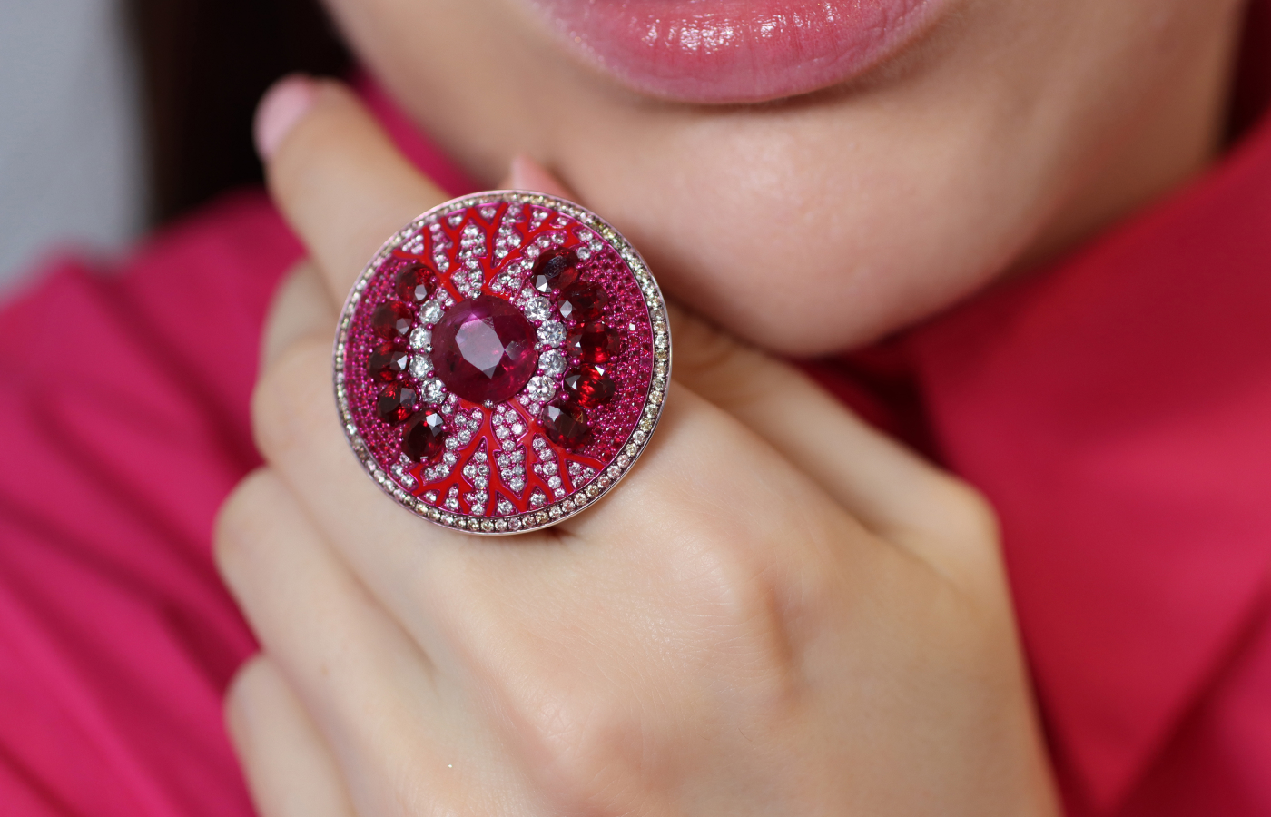 Austy Lee ‘The Rubies Artery Ring’ in 18K white gold with 5.21 carats of Mozambican unheated rubies, red enamel and diamonds 