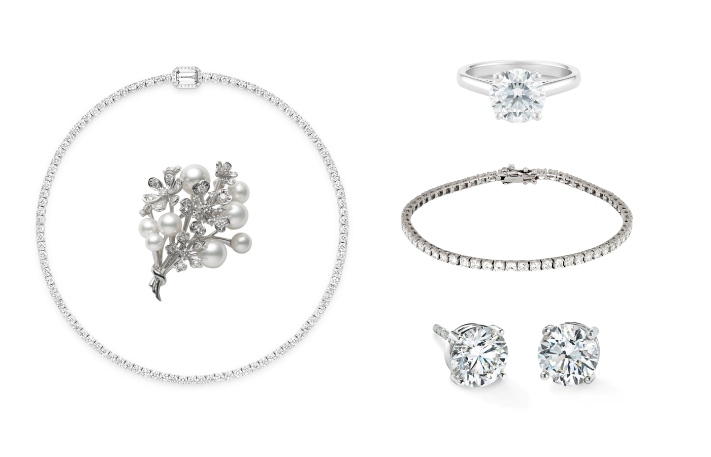 Examples of classically beautiful yet traditional jewels, including the Boucheron Vendôme Riviere necklace, a diamond tennis bracelet by Roxanne First, round-brilliant-cut diamond stud earrings by Boodles, a pearl and diamond brooch by Mikimoto, and a diamond solitaire ring by De Beers