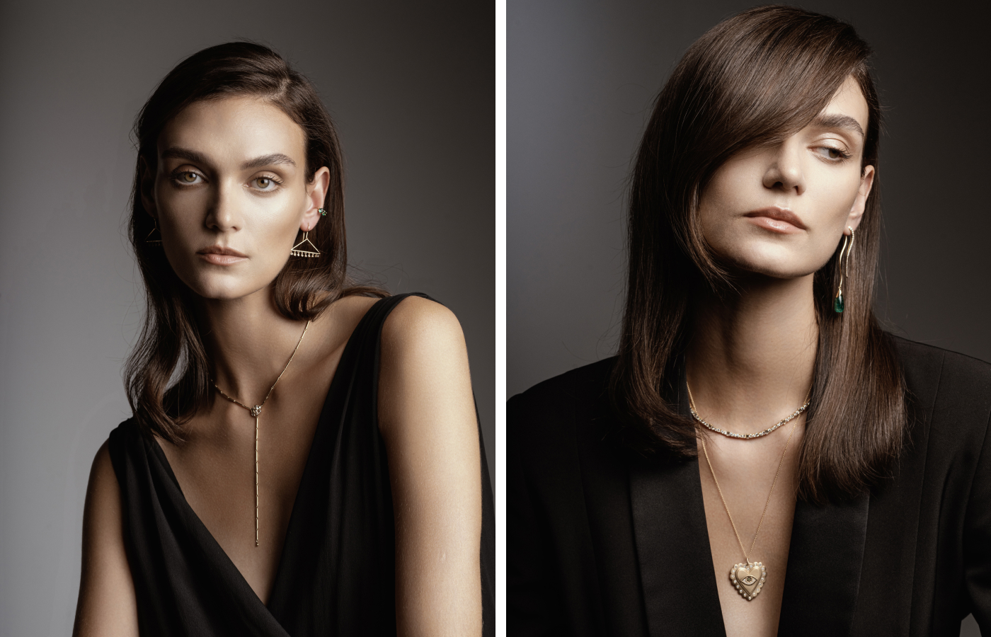 Models wear yellow gold jewellery designs by Ileana Makri, including the Protection Heart pendant (right)