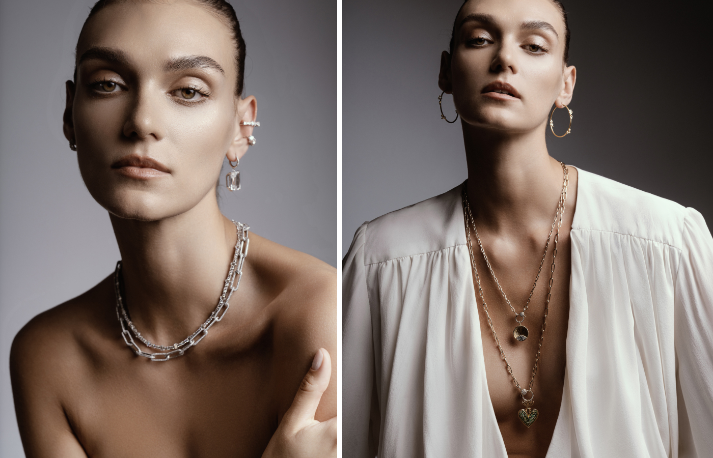 A model wears pendants, earrings and chain necklaces, including the Diamond Rivulet Spread necklace (left), by Ileana Makri