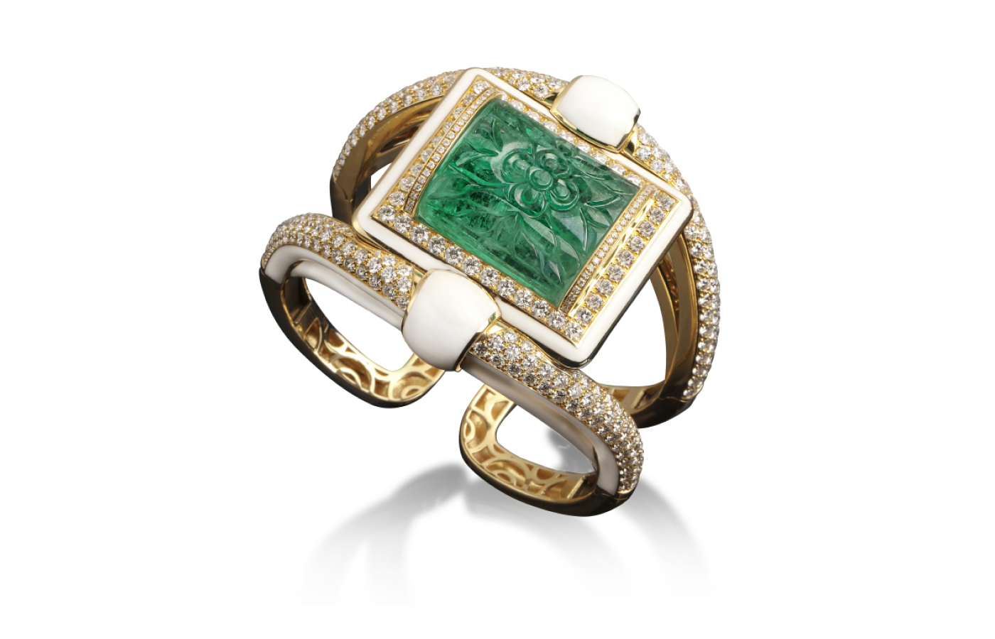 Veschetti cuff bracelet with a large carved emerald, diamonds and white enamel in 18k yellow gold
