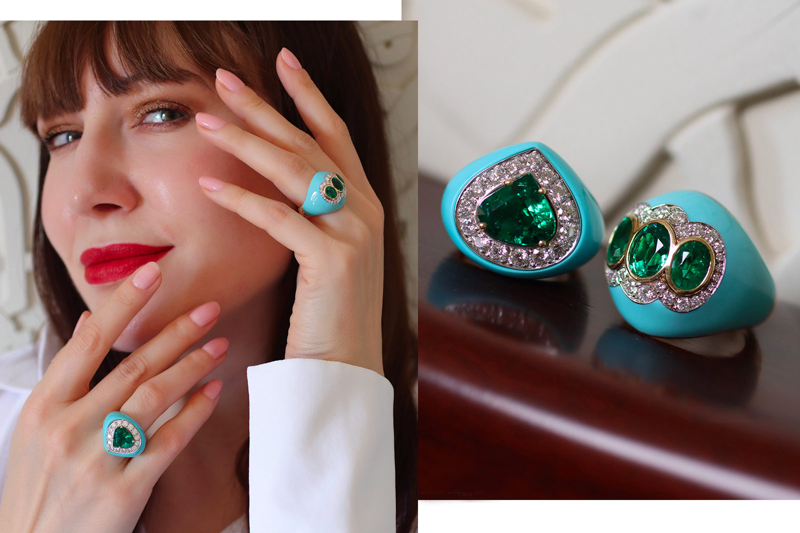 Katerina Perez wears a pair of Veschetti turquoise, emerald and diamond cocktail rings