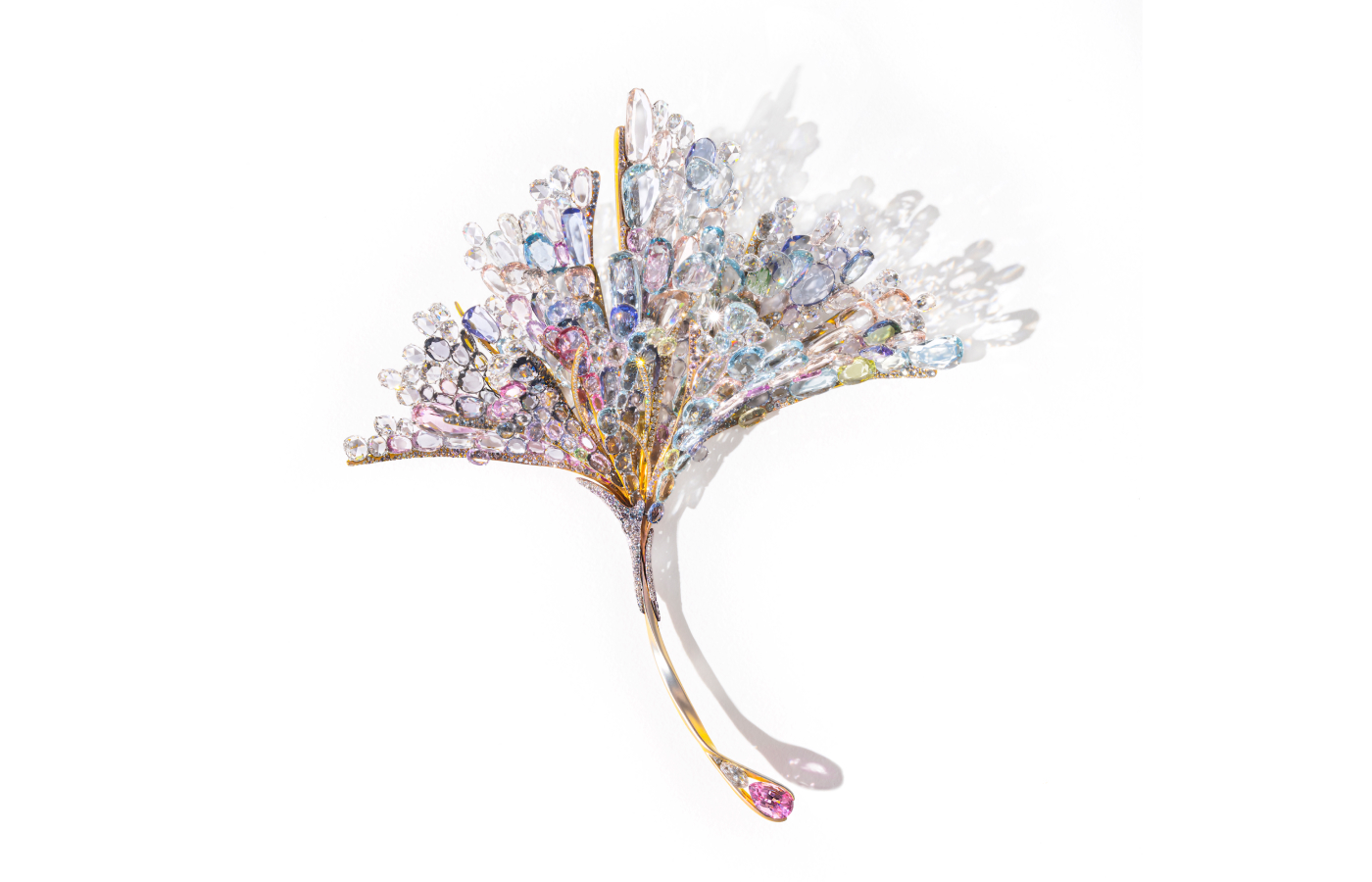 Feng J Gingko Leaf of Firework brooch in titanium with a bubble-gum pink pear-shaped sapphire