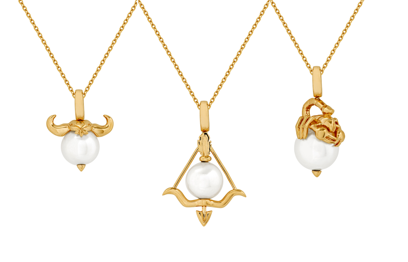 Stephen Webster Astro Ball necklaces in gold and pearl