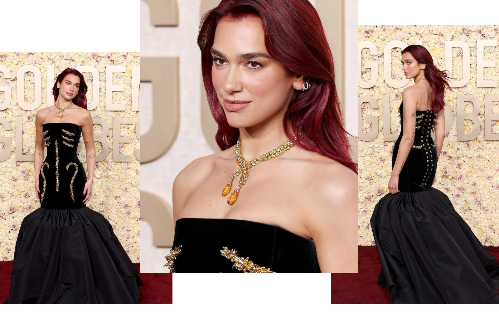 Dua Lipa wearing an archival Tiffany & Co. necklace from 1962 with yellow beryl, topaz, quartz and diamonds, all in gold and platinum, accompanied by a yellow sapphire ring at the Golden Globe Awards 2024