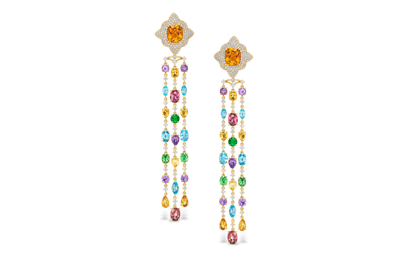 ZARIG Aurelia Cascade earrings with 3.09 carats of diamonds and 22.56 carats of amethyst, pink tourmaline, tsavorite, citrine and blue topaz set in 18k yellow gold 