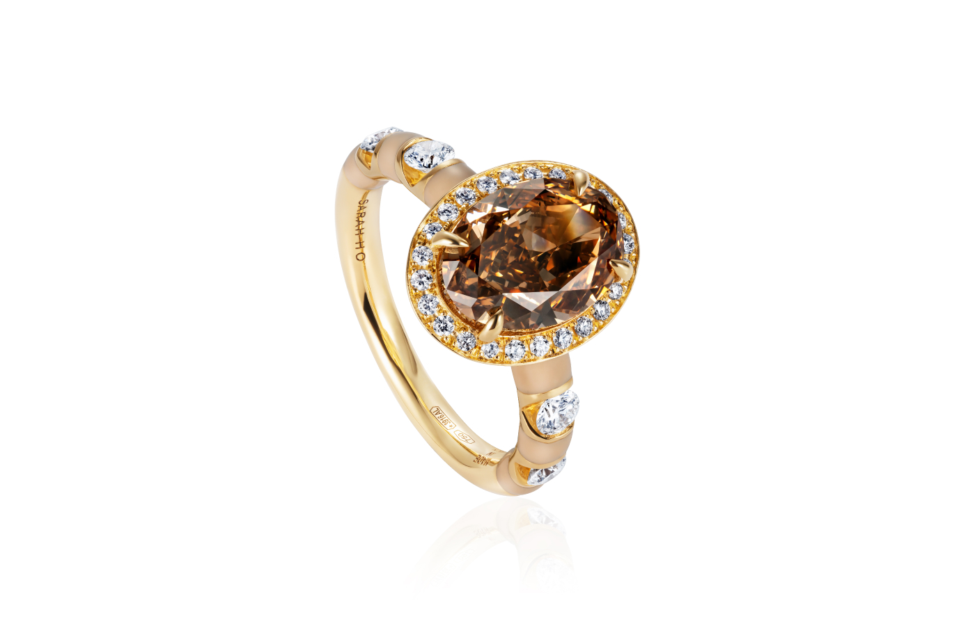  Sarah Ho Candy Cane Toffee ring in gold and diamond featuring a 3-ct toffee-coloured oval diamond