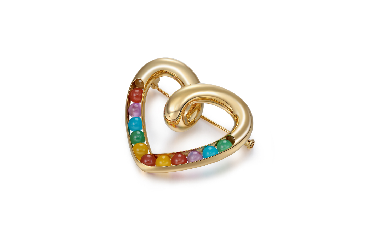 Zeemou Zeng Beating Heart brooch in 18k yellow gold with 27 rainbow coloured gemstone beads
