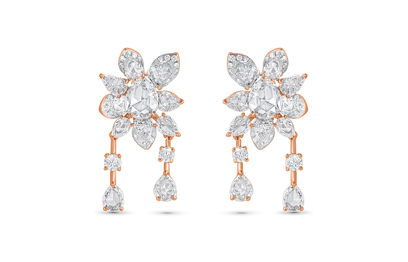 HARAKH Cascade cluster earrings with brilliant and rose-cut diamonds in 18k rose gold